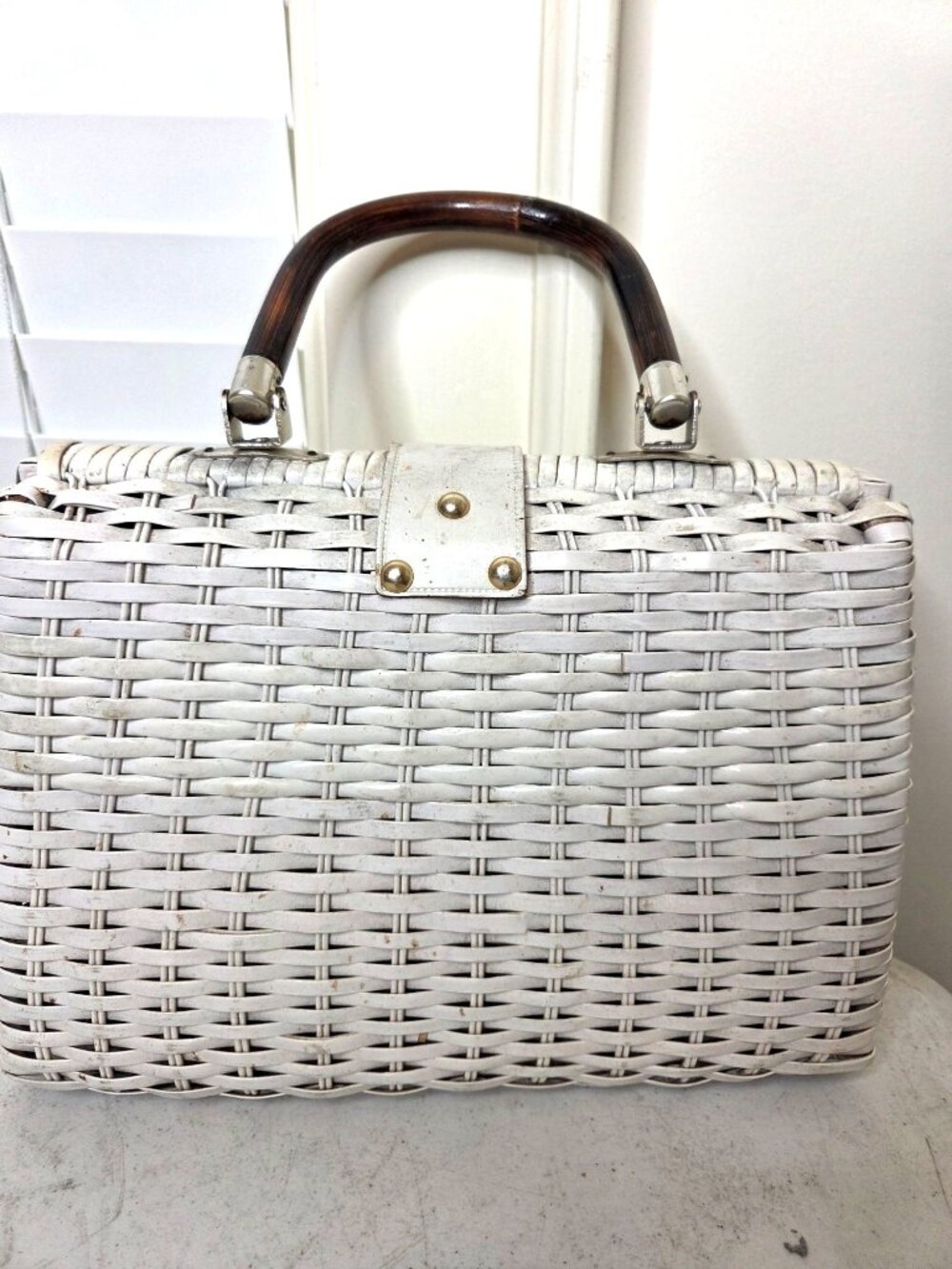 VTG orig Handmade White wicker Woven Handbag 1950s Bamboo Handle RETRO classic - Picture 6 of 9